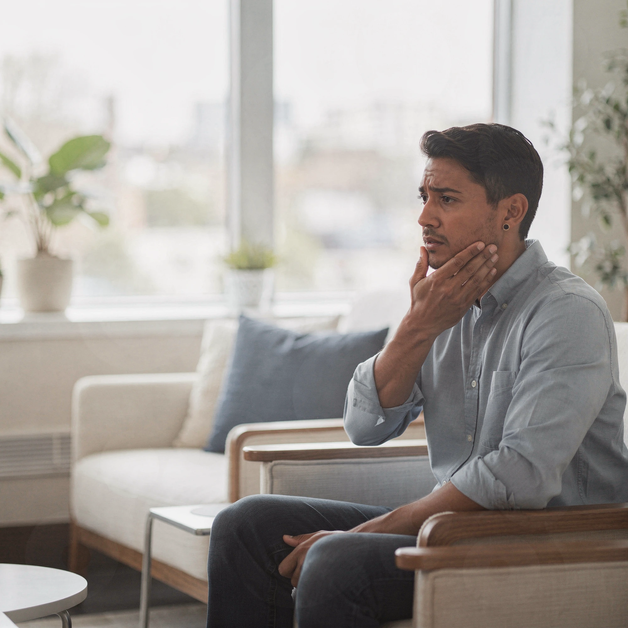 Man holding his cheek in pain while sitting on a couch in a modern living room